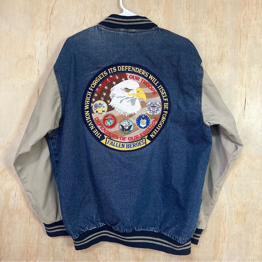 Vintage Fallen Heroes Military Bomber Denim Jacket Snap Button 90s Style Baggy M - Picture 1 of 15